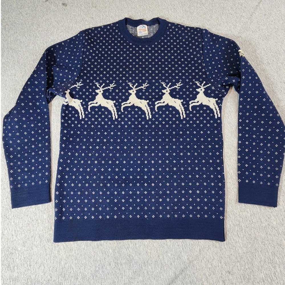 Rockee USA Sweater Mens XL Blue Wool Reindeer Fair Isle Vintage‎ Made in USA